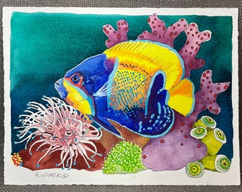 Original Reef Fish Watercolor Painting, Coastal Tropical Wall Decor, Hand Painted Marine Life Art, 9x12”