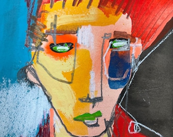 Abstract expressionist head study, original mixed media portrait on heavy paper, 6x8” gift idea