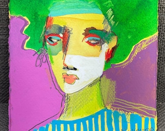 Hand Painted Abstract head study, unique mixed media portrait on heavy paper, 6.25 x 6.25” gift idea
