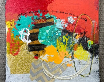 Original hand painted abstract collage mixed media painting, gallery artwork for collectors and designers, ‘RED VORTEX’  11x12 1/4”