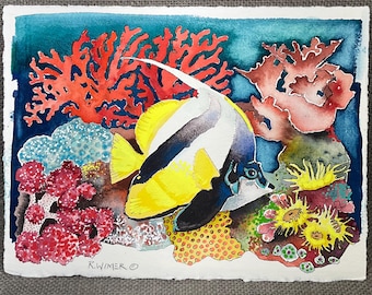 Original Tropical Reef Art, Ocean Fish Watercolor, Coastal Wall Decor, Hand Painted Marine Life Painting, 9x12”