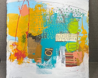 Contemporary abstract collage painting original mixed media art, gallery art for designers and collectors 11x12 1/4”