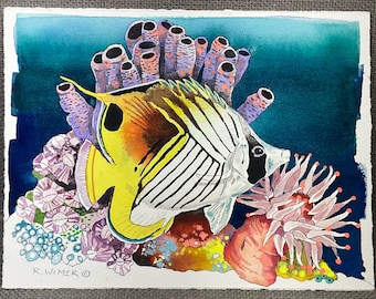 Original Reef Fish Watercolor Painting, Coastal Tropical Wall Decor, Hand Painted Marine Life Art, 9x12”