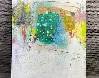 Original Mixed Media Collage Painting: Turquoise Blue Abstract Art (9x12)