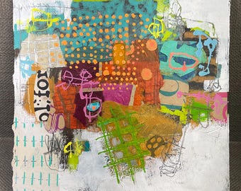 Original abstract, mixed media, collage, painting, handpainted, gallery, art for designers, collectors, 11x12 1/4”