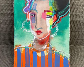 Abstract expressionist head study, original mixed media portrait on heavy paper, 6.5x10” gift idea