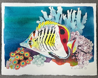 Original Reef Fish Watercolor Painting, Coastal Tropical Wall Decor, Hand Painted Marine Life Art, 9x12” ‘ CHEVRON BUTTERFLYFISH’