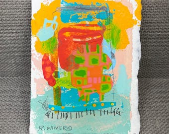 Small Abstract Color Study, handpainted mixed media collage on heavy paper, fine art collectible, 4.75 x 6”