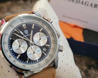 Men’s Luxury Chronograph Watch with Leather Band | Stainless Steel Sport Wristwatch | Tachymeter Dial | Gift for Him | Casual & Dress Watch