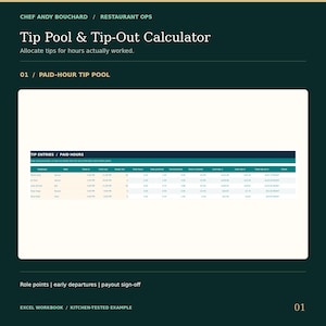 Restaurant Tip Pool Calculator | Tip-Out by Hours and Role, Shift Payout Excel