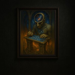 May include: A framed painting depicts a figure with an open head revealing a starry galaxy. The figure is drawing constellations on a table. The artwork has a dark, surreal aesthetic with warm and cool tones.