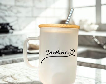 Personalized Matte Glass Mug – 17oz Coffee Cup with Bamboo Lid & Clear Straw