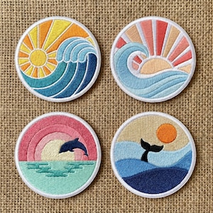 Boho Ocean Sunset Embroidered Patch Set, Wave Dolphin Whale Tail Iron On Patches, Retro Beach Applique, Summer Surf Backpack Decal