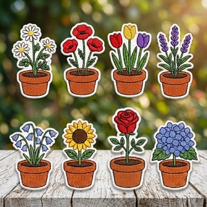 Potted Flowers Embroidered Patch, Daisy Poppy Tulip Lavender Sunflower Rose Hydrangea Bluebell Terracotta Pot Theme, Iron On Patch