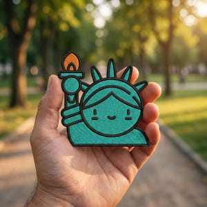 May include: A teal embroidered patch featuring a cartoon version of the Statue of Liberty, with a smiling face and black outline. The torch has an orange flame. The patch is held in a hand against a blurred green background.
