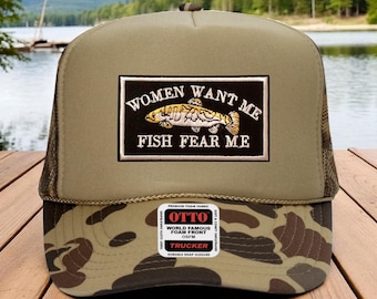 Funny Fishing Trucker Hat – Women Want Me Fish Fear Me Snapback Cap, Fisherman Gift, Outdoor Lake Life Dad Trucker Hat, Bass Fishing Apparel