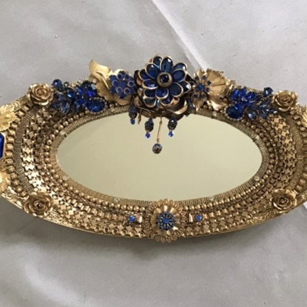 Perfume tray, makeup tray, gold over silver plate, cobalt blue and gold, stunning vanity mirror, Hollywood regency, ornate