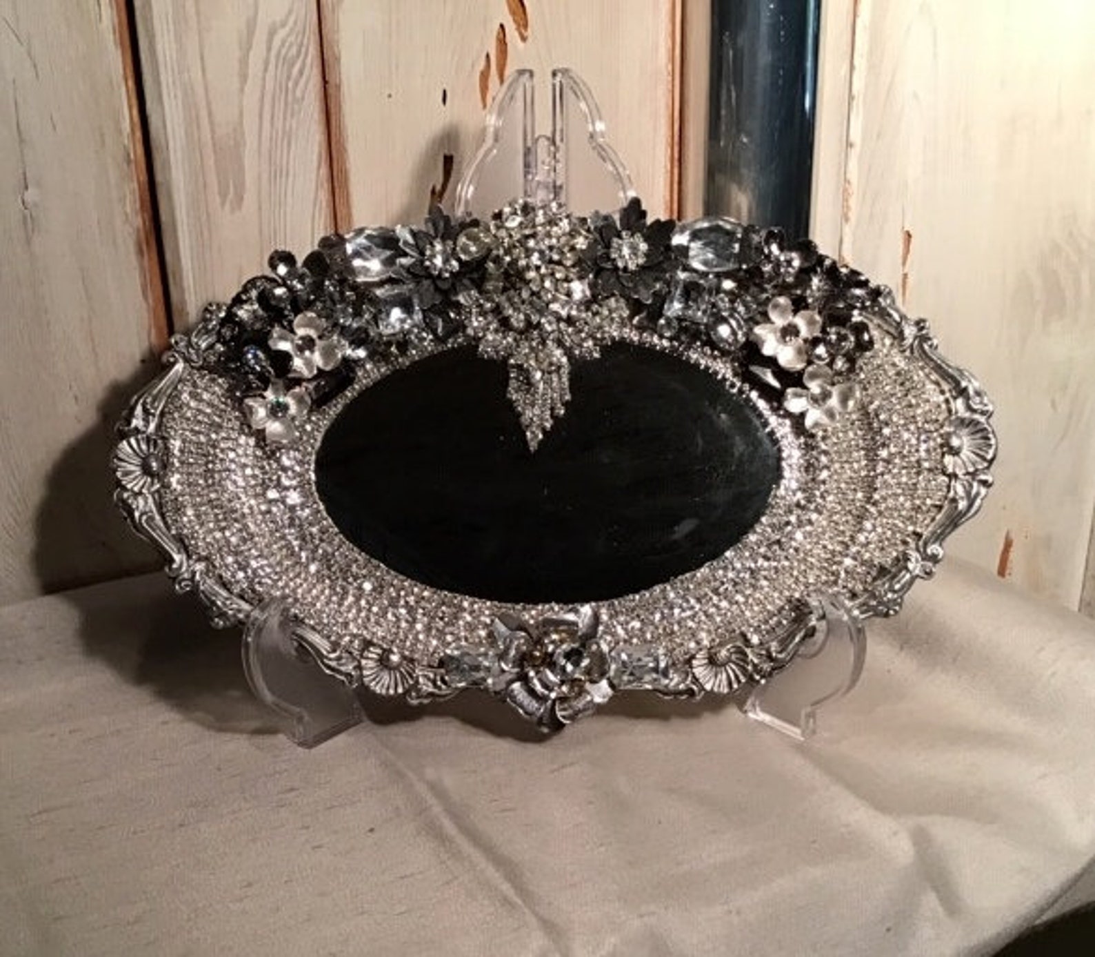 Vintage silver plated jeweled mirror/tray rhinestone jeweled Etsy