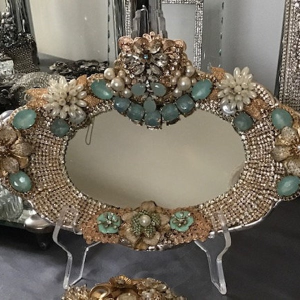 Rhinestone bejeweled perfume makeup up mirrored tray, aqua and pearl jewels, Hollywood glam, stunning upscale beach house decor, elegant