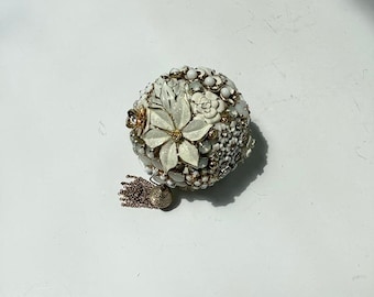 Handcrafted Bejeweled Christmas Ornament: White & Gold Glam Orb