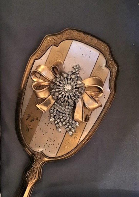 Stunning Vintage Art Deco Hand Mirror Jeweled Gold and Etsy