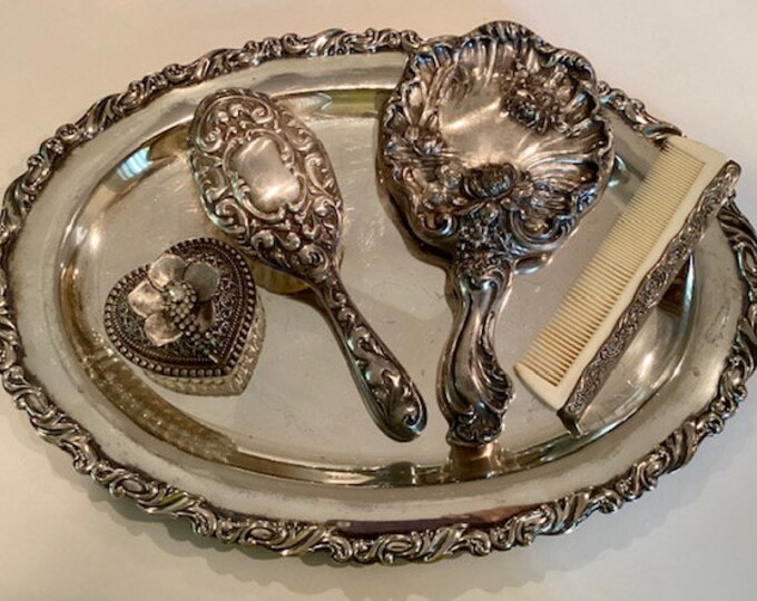 Silver Plate Vanity Set, Art Nouveau Mirror, Brush, Comb, Trinket Jar
