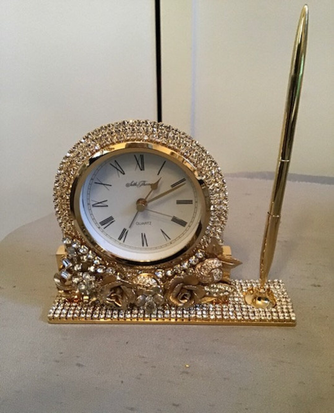 Designer Desk Clock and Pen Combo, Rhinestone and Gold, Dazzling Table