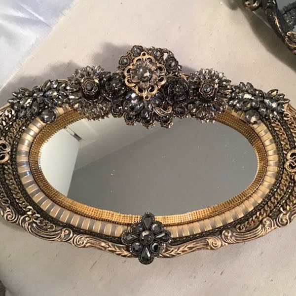 Jeweled perfume tray, make up tray, mirrored tray, vintage silver plate tray, vanity mirror, bejeweled mirror, Hollywood glam, handcrafted