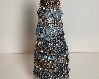 gorgeous jeweled Christmas tree, blue and clear rhinestone jeweled tree, Year round decor, shelf decor, original design, shimmering, elegant