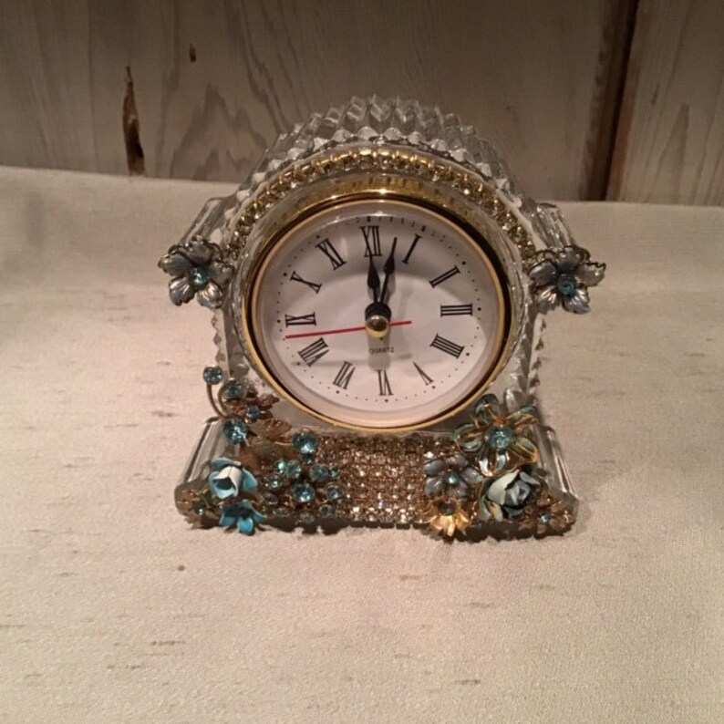 Jewel embellished chiseled glass clock. Clear rhinestones set Etsy