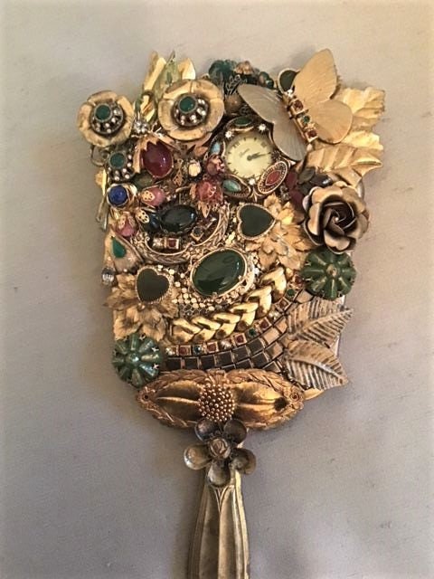 Jeweled Hand Mirror, Eclectic Decor, Boho Decor, Gold, Green Jeweled Hand Mirror, Eclectic Decor, Boho Decor, Gold, Green