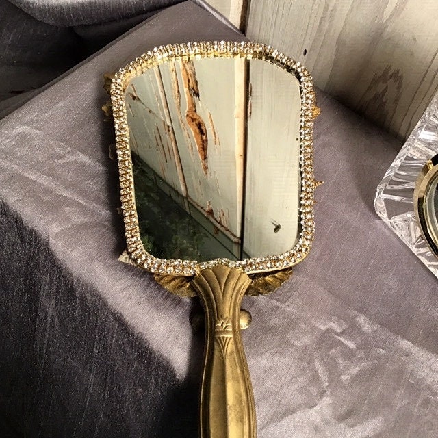 Jeweled Hand Mirror, Eclectic Decor, Boho Decor, Gold, Green Jeweled Hand Mirror, Eclectic Decor, Boho Decor, Gold, Green