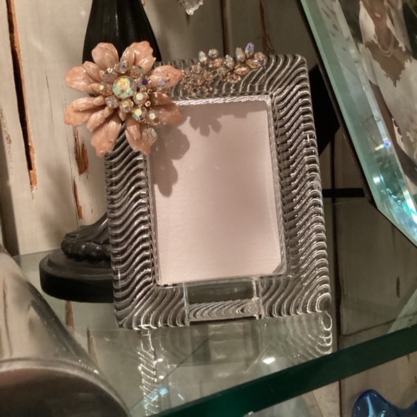 Jeweled glass photo frame, embellished frame, vintage Mikasa frame, textured glass, pink and ab jewels, birthday, anniversary, housewarming,