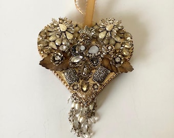 Jeweled Heart Ornament: Beige & Gold Assemblage Decor