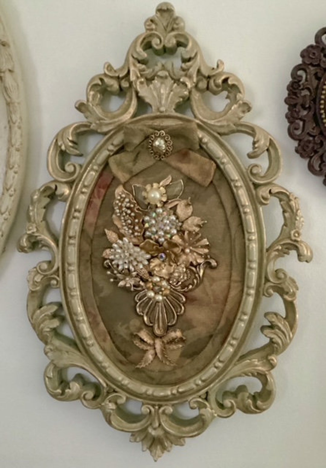 Jeweled Wall Art Scrolly Frame Sage Green Foral Motif Gold Etsy