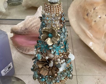 Jeweled Christmas tree, beach house decor, year round display, mantle display, handcrafted tree, vintage jeweled, turquoise and gold, gift