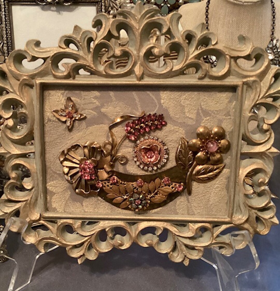 Jeweled Wall Art, Sage Green and Pink, Vintage Jeweled Art, Shabby Chic, Housewarming, Birthday