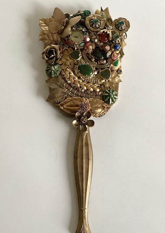 Jeweled Hand Mirror, Eclectic Decor, Boho Decor, Gold, Green Jeweled Hand Mirror, Eclectic Decor, Boho Decor, Gold, Green
