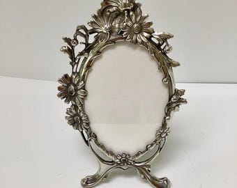 Elias Polished Pewter Floral Frame: Vintage Boho Decor, 5x7 Photo