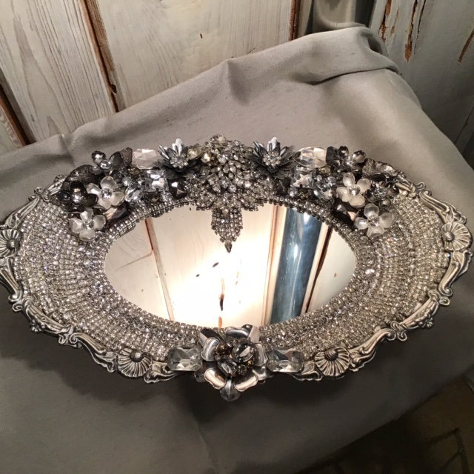 Vintage silver plated jeweled mirror/tray rhinestone jeweled Etsy