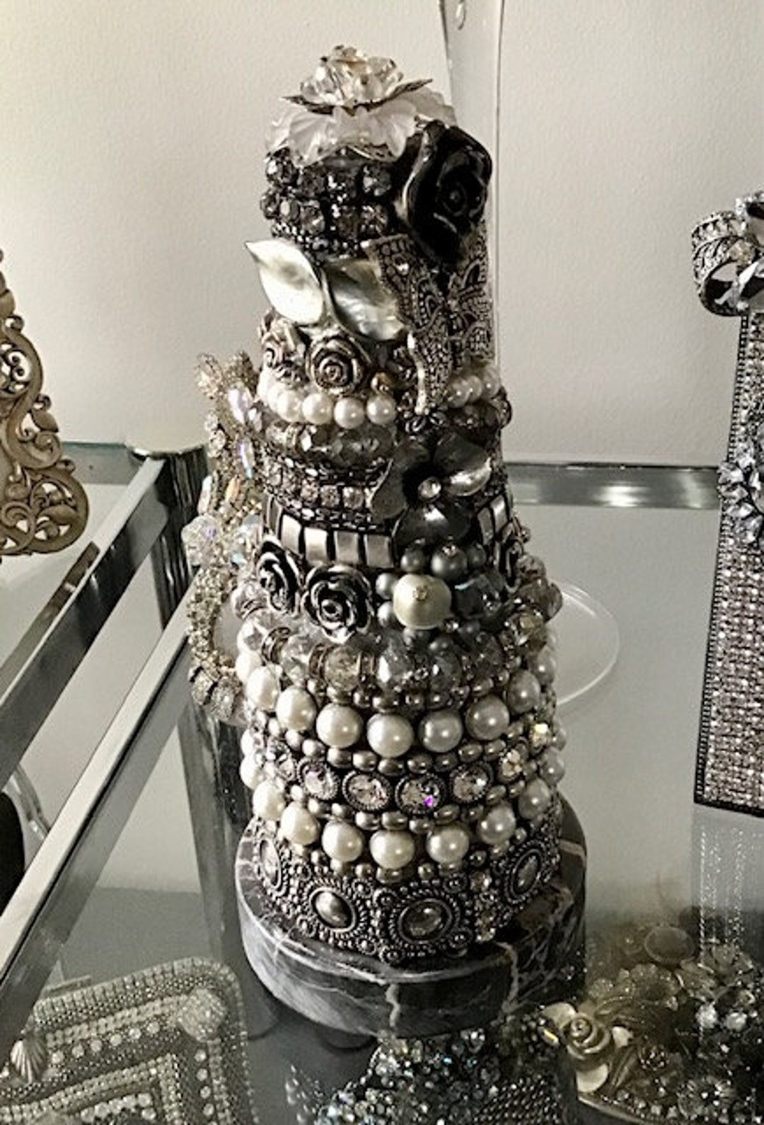 Christmas Tree Cone, Jeweled Cone, Silver and Pearl, Year Round, Ornate