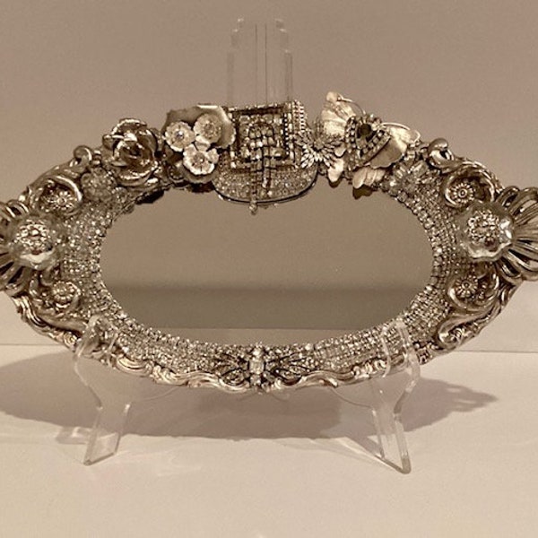 Glittering Rhinestone jeweled mirrored vanity tray, Hollywood glam decor, bridal gift, upscale bling