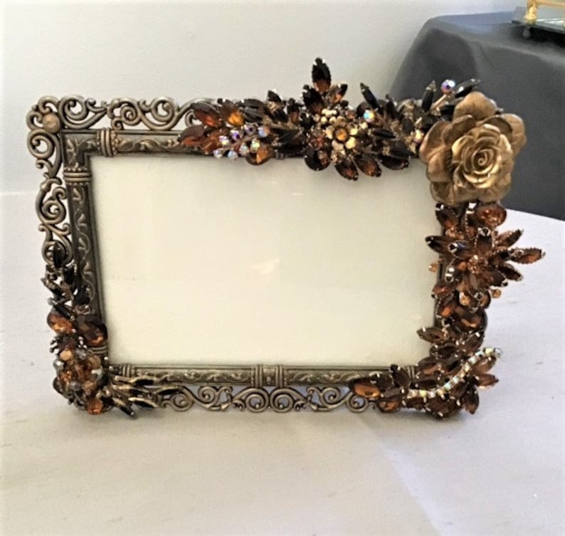 Bronze openwork frame, amber color rhinestones and gold jeweled, 5 x 7 frame, vertical or horizontal, vintage jeweled, Hollywood glam, gift