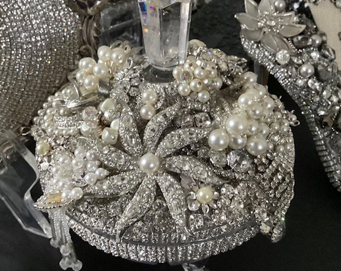Rhinestone Jeweled Lidded Jar, Rhinestone and Pearl Jar, Jeweled Cut