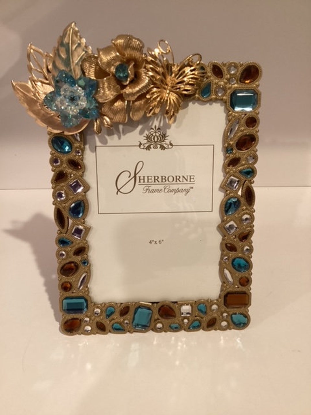 Jeweled Metal Frame, Aqua and Caramel Color Rhinestones, Gold Tone ...