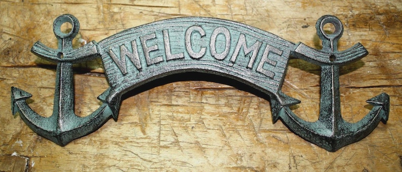 Cast Iron ANCHOR WELCOME Plaque Sign Nautical Wall Pool Home Decor BOAT ...
