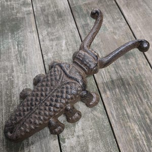 May include: A cast iron decorative wall hook shaped like a beetle. The hook is dark brown with textured details, including the insect's body segments and antennae. The hook is mounted on a weathered wooden surface.