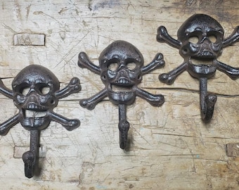 3 Cast Iron SKULL CROSSBONES Towel Hanger Coat Hat Hooks Hook PIRATE Jolly Roger