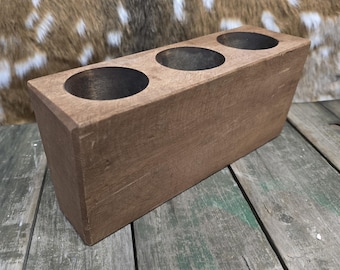 3 Hole Wooden Sugar Mold Wood Candle Holder Primitive