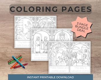 May include: Printable colouring pages depicting biblical scenes, with the text "COLORING PAGES" at the top. The image includes a "3 PAGE BUNDLE DEAL" star-shaped graphic and a set of crayons. The phrase "INSTANT PRINTABLE DOWNLOAD" is at the bottom.